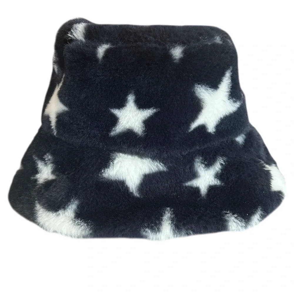 Navy Blue Faux Fur Bucket Hat With White Stars